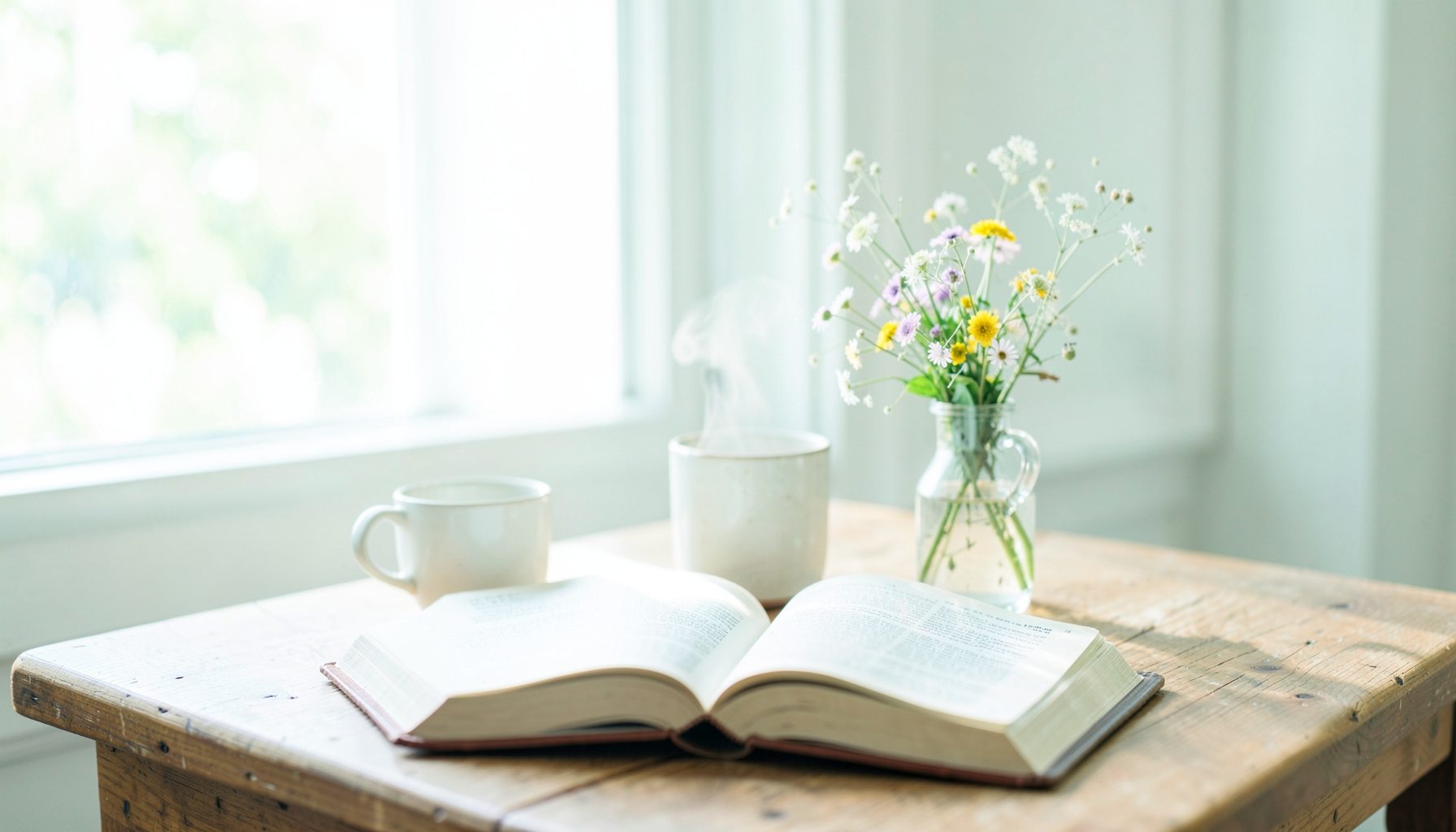 A bright, airy photograph of a wooden table by a sunlit window, with an open Bible, a steaming mug, and a small vase of fresh wildflowers, conveying warmth and peaceful devotion.