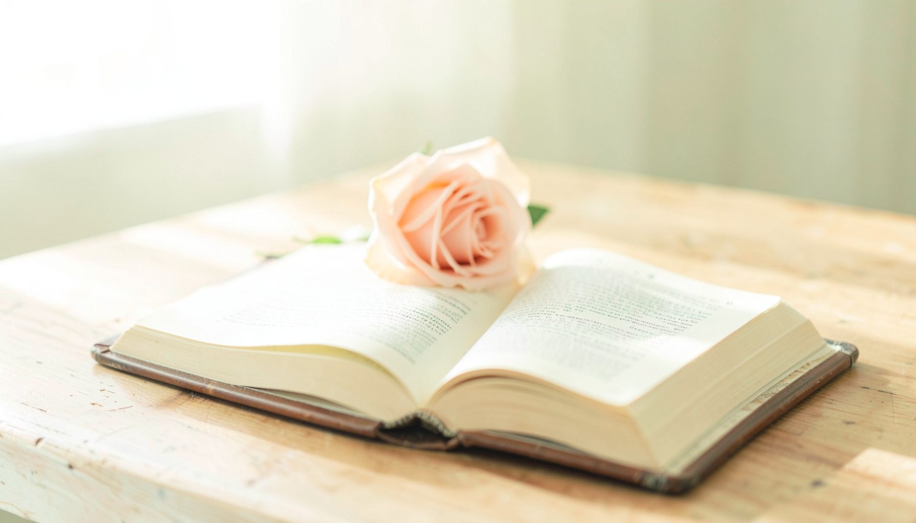 Soft morning light falling across a simple wooden table with an open Bible and a single rose, warm and peaceful tones of cream, blush, and gold.