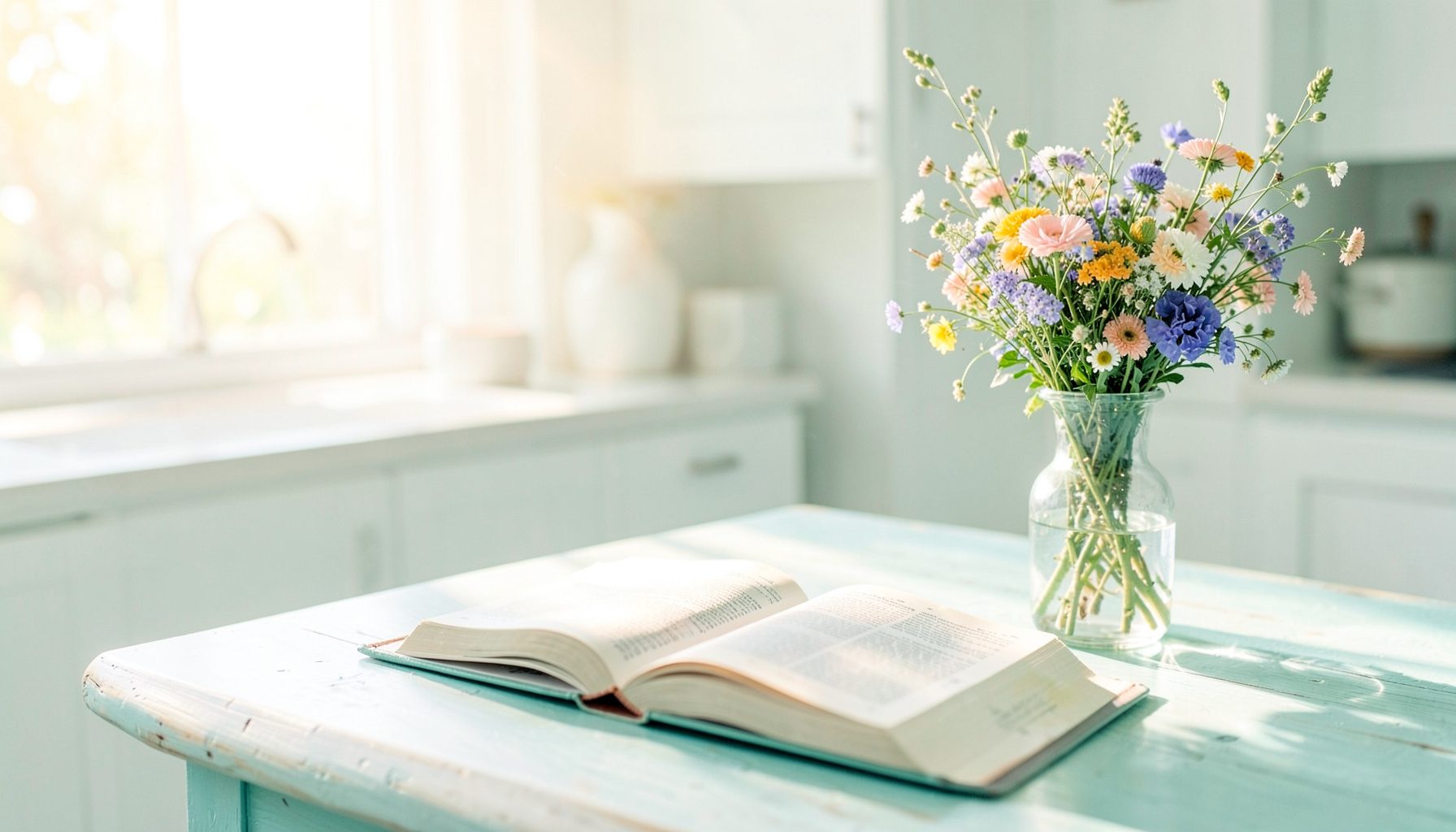 A bright, airy kitchen table with a vase of fresh wildflowers, an open Bible, and morning sunlight streaming through a window, casting soft warm tones across the room.