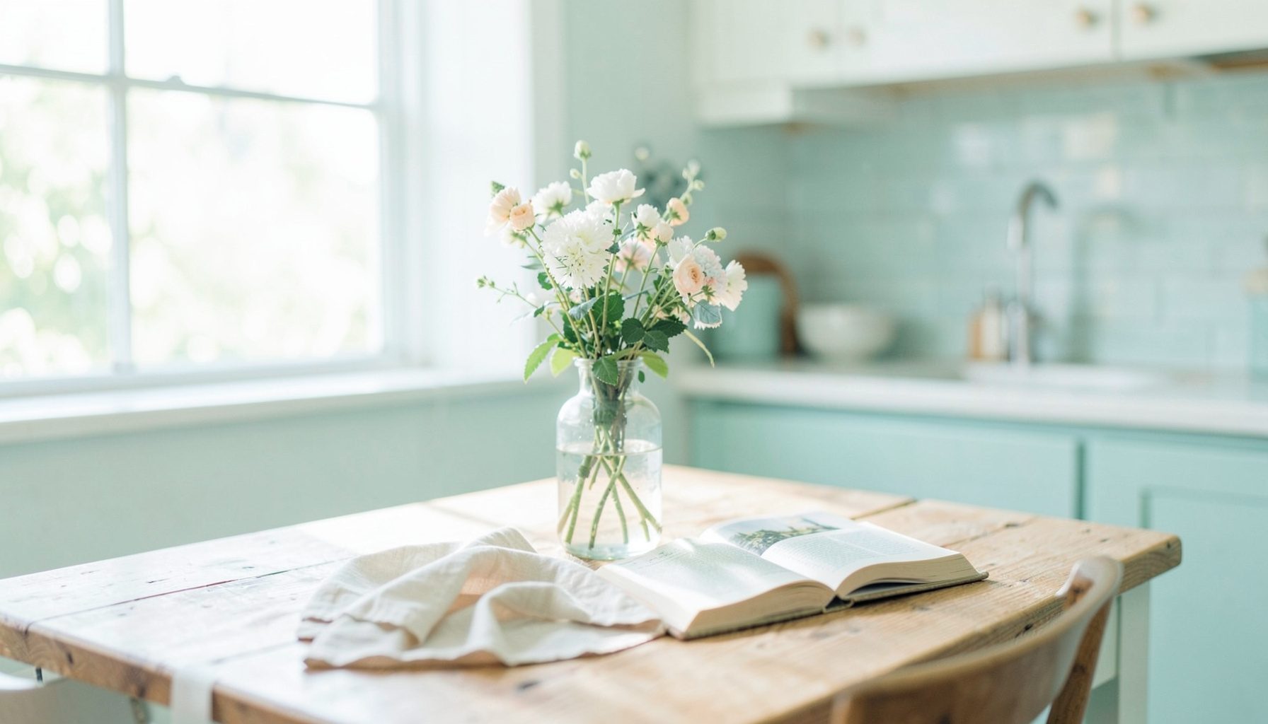 A bright, airy kitchen with soft natural light streaming through a window onto a wooden table set with a simple vase of fresh flowers, a linen napkin, and an open book, evoking warmth and peaceful homemaking.