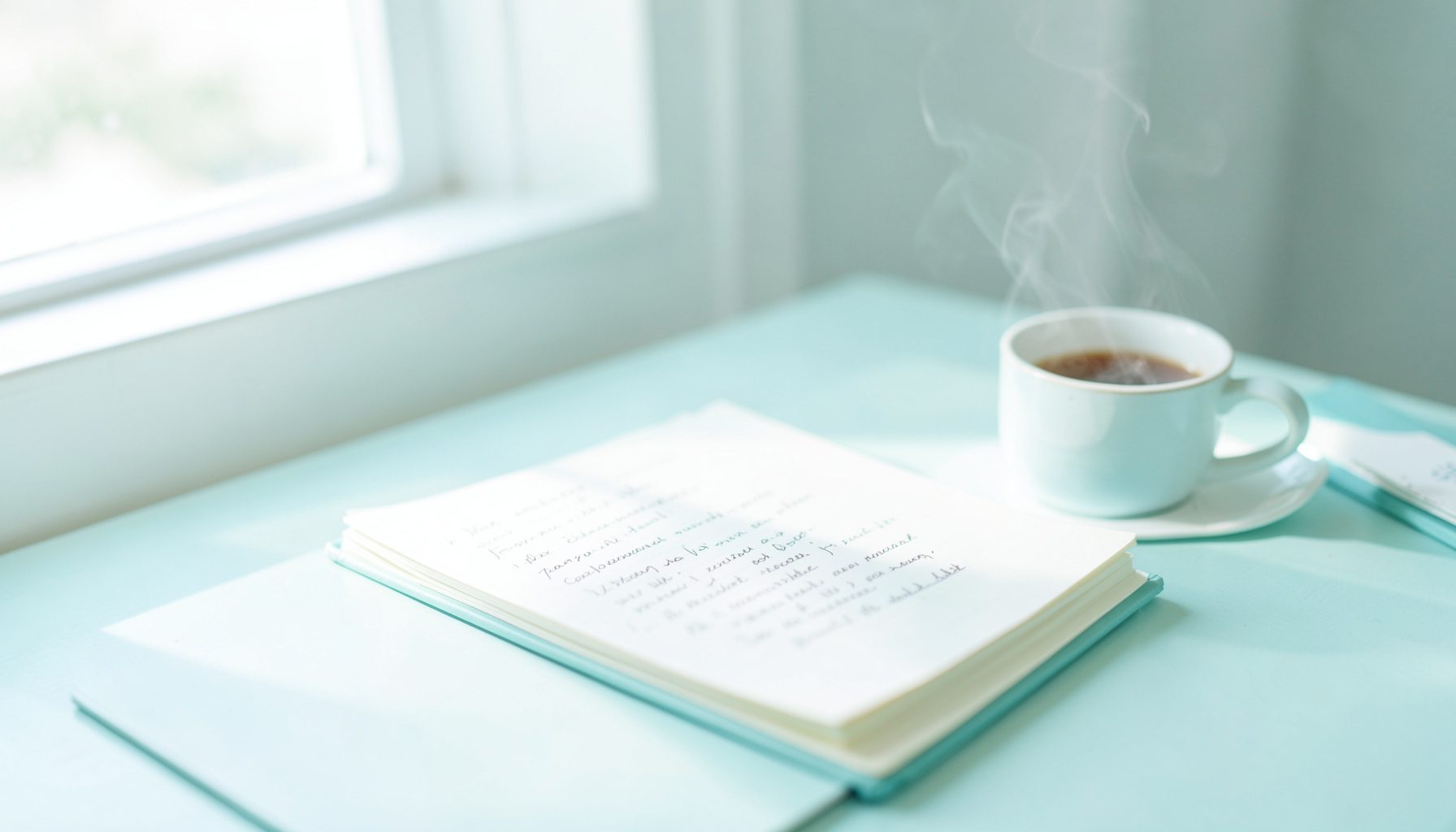 A bright, airy desk scene with a handwritten journal, a steaming cup of coffee, and soft morning light streaming through a nearby window, casting gentle shadows across a calm and peaceful workspace.