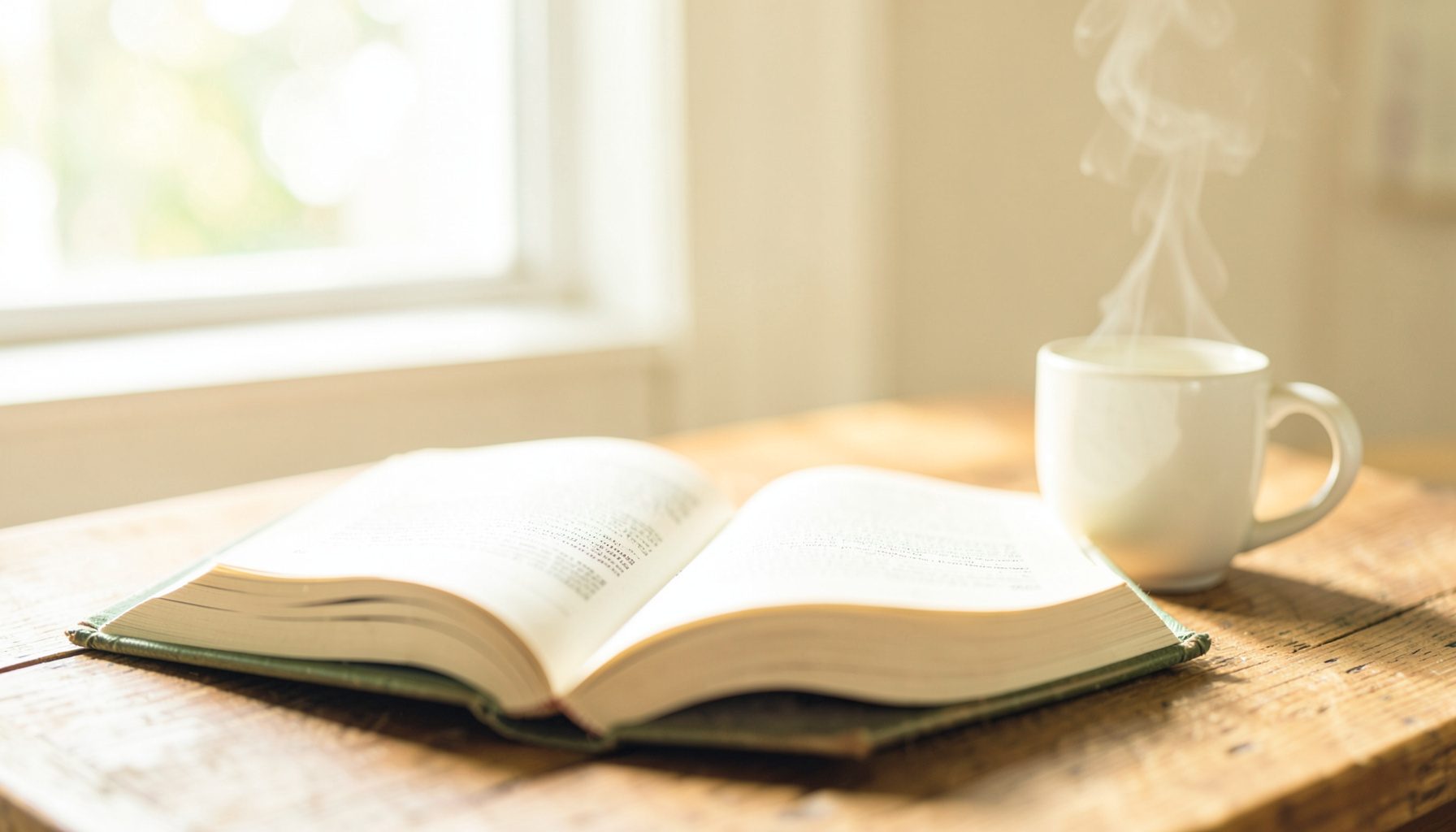 A bright airy photograph of a sunlit open Bible resting on a wooden table beside a steaming mug, with soft natural light streaming through a window, warm cream and golden tones